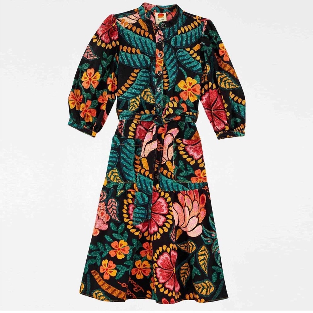 FARM Rio Black Floral Midi Dress with Teal, Pink & Orange Accents